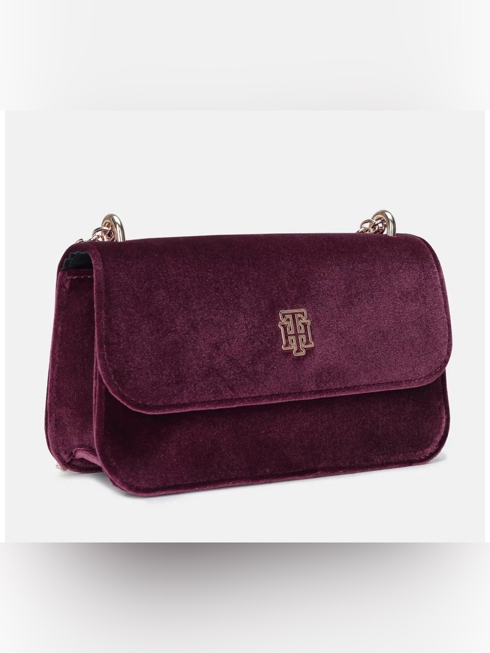NWT Tommy Hilfiger Velvet Flap Sling Bag in Deep Rouge with Gold Hardware